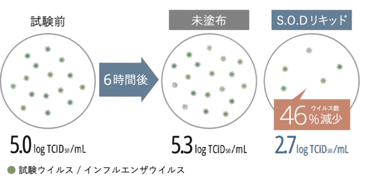 S.O.Dリキッド使用前後のウイルス減少試験：6時間後で46%減少